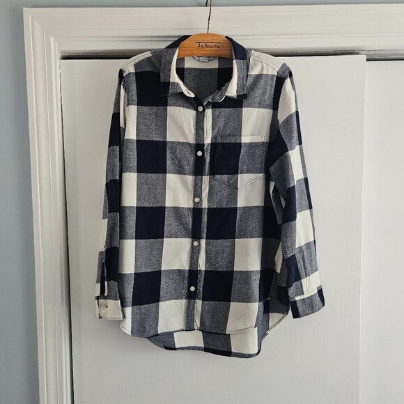 Old Navy Long Sleeve Navy White Plaid Flannel Button Down Flannel Large Shirt - Picture 1 of 8